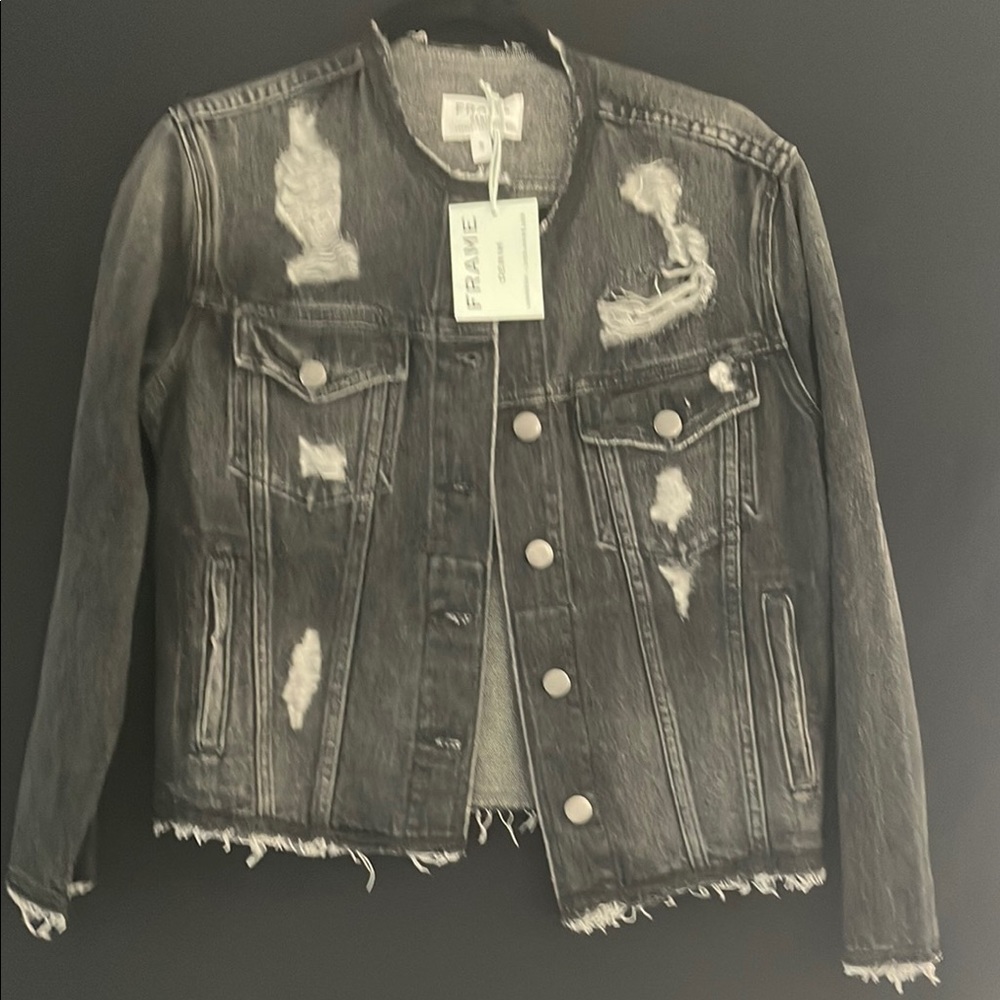 Frame Denim Black Distressed Jean Jacket